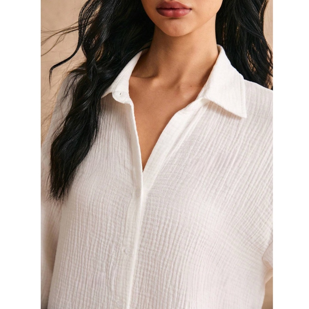 Cotton White Casual Shirt Button Down Up Long Sleeve - Picture 5 of 13